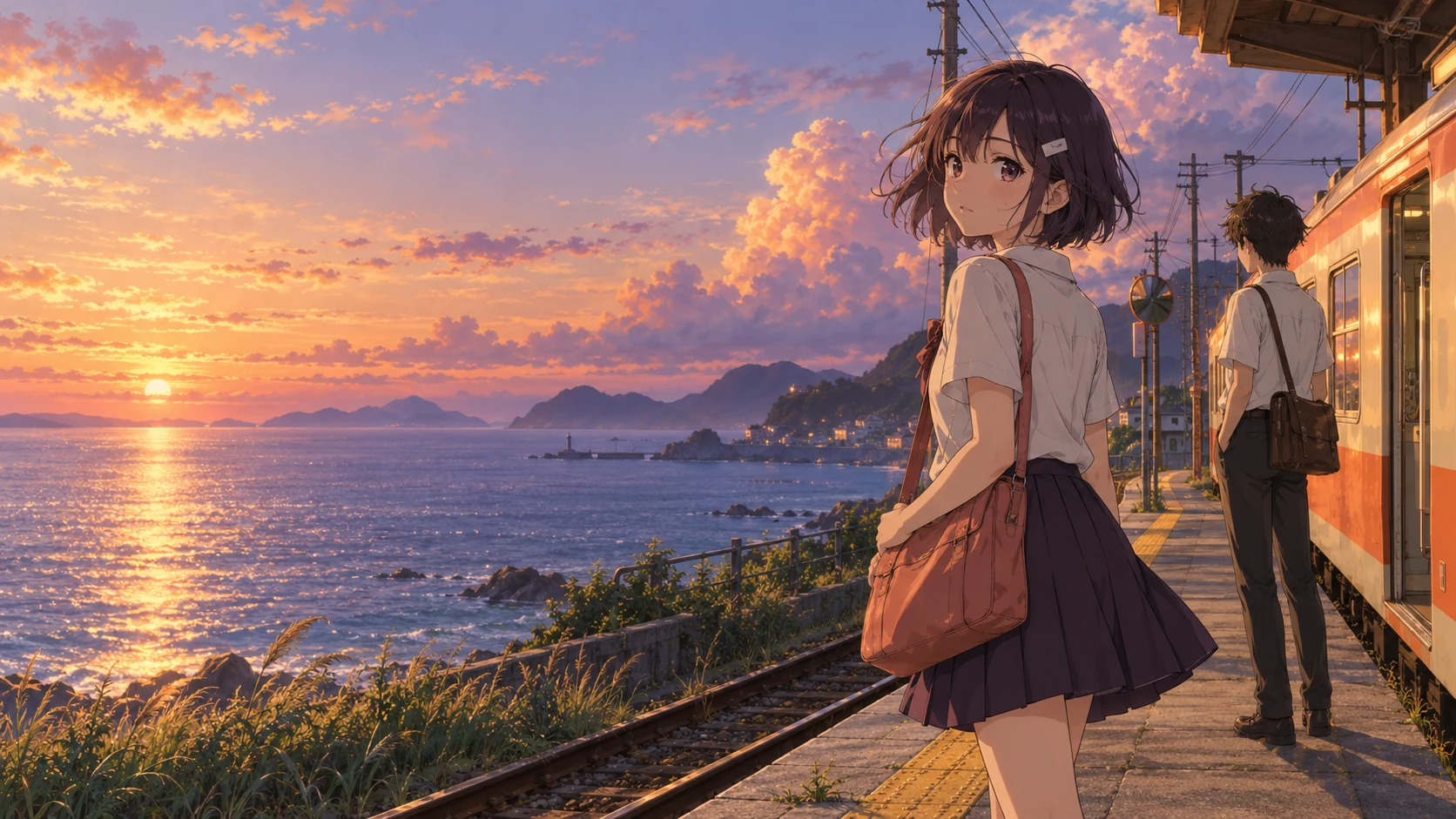 夕阳下的海边月台,少女水野澪回过头,少年朝仓律站在橘色列车旁。