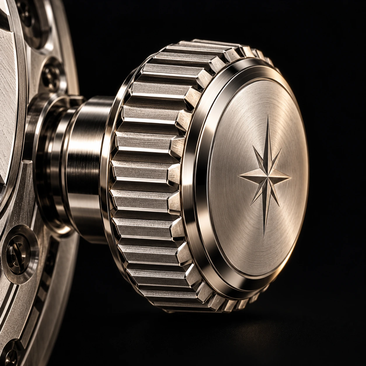 Macro of the CR-9014 knurled winding crown: brushed silver facets, mirror-polished bevels and an engraved celestial star