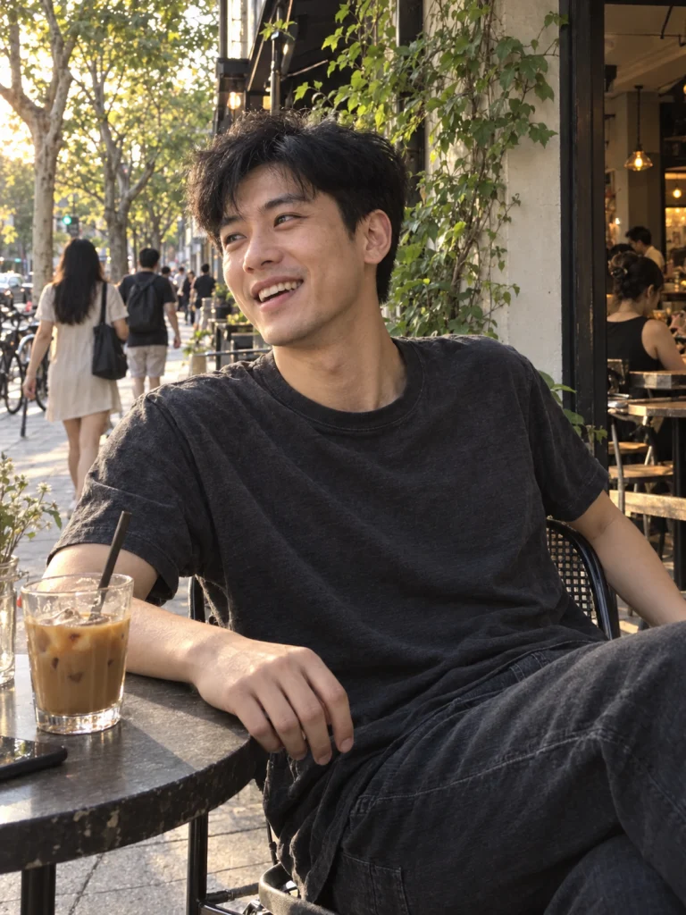 林澈在街边咖啡馆和朋友喝咖啡