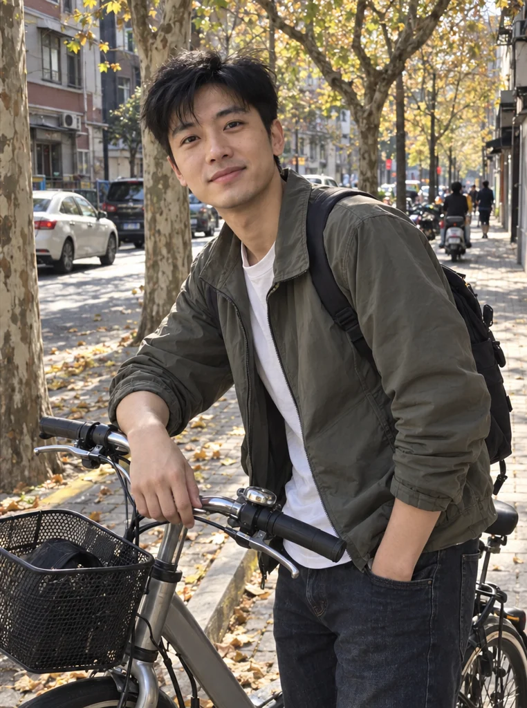 秋日街头，林澈穿橄榄色夹克扶着通勤自行车