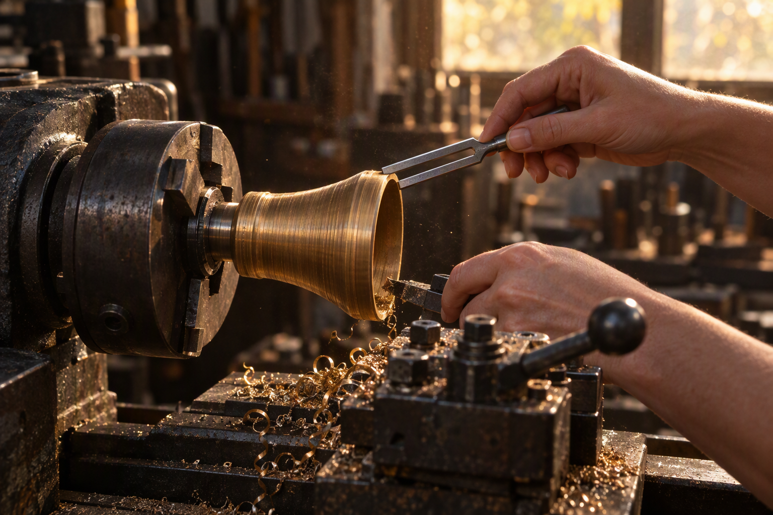 A bell on the horizontal lathe with a tuning fork held against its rim