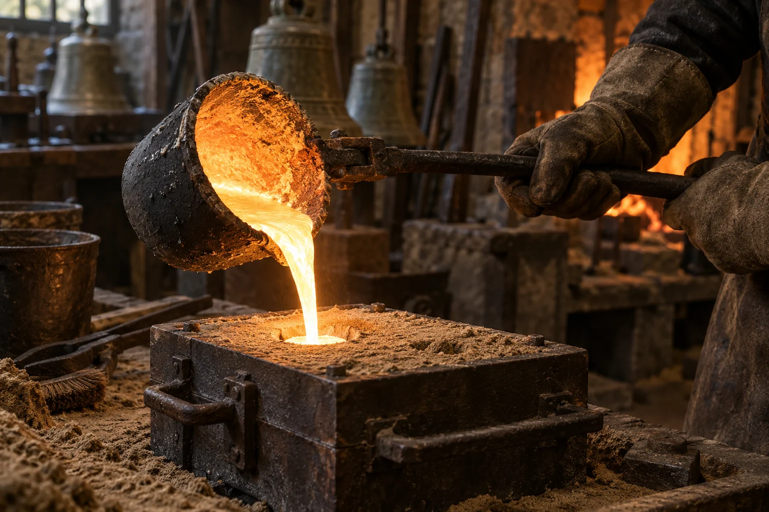 Molten bronze being ladled into a rammed sand mould