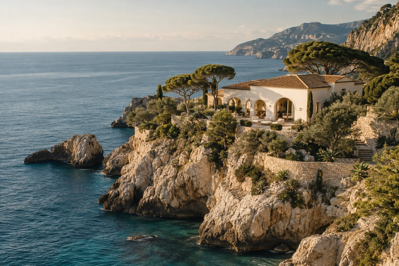 Sunlit Mediterranean villa above a blue coastal bay