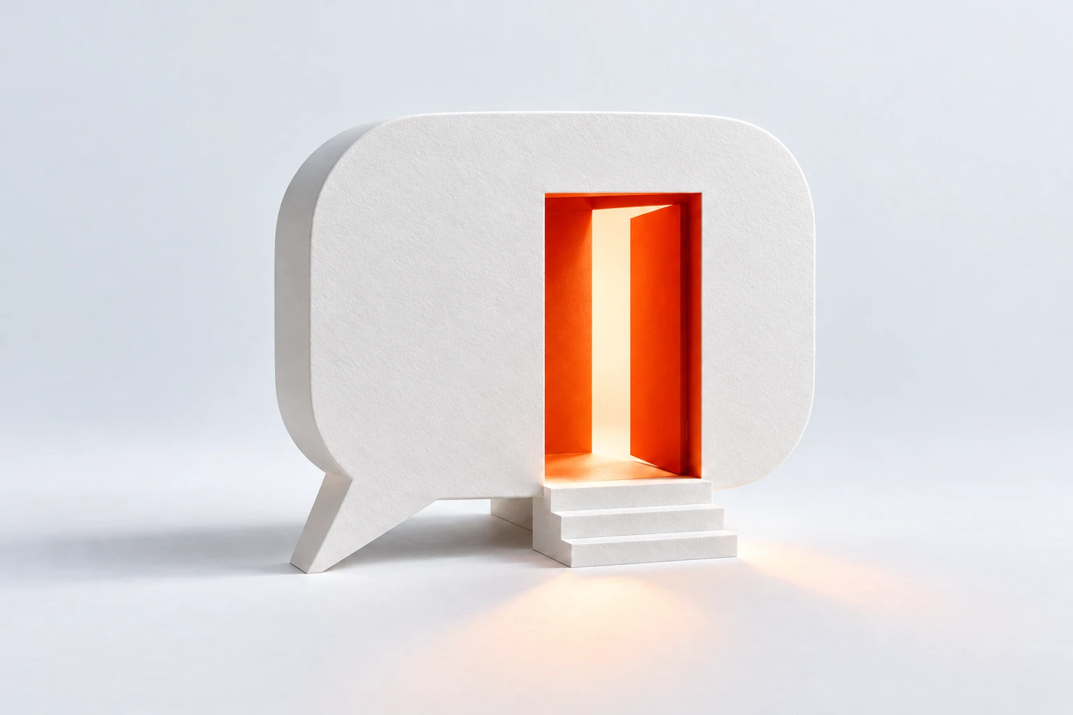 An open orange door in a sculptural white conversation bubble