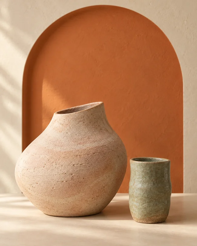 Handmade ceramic vessels in a terracotta alcove