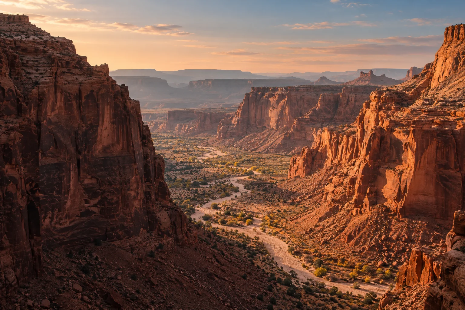 Sunlight over a red sandstone canyon