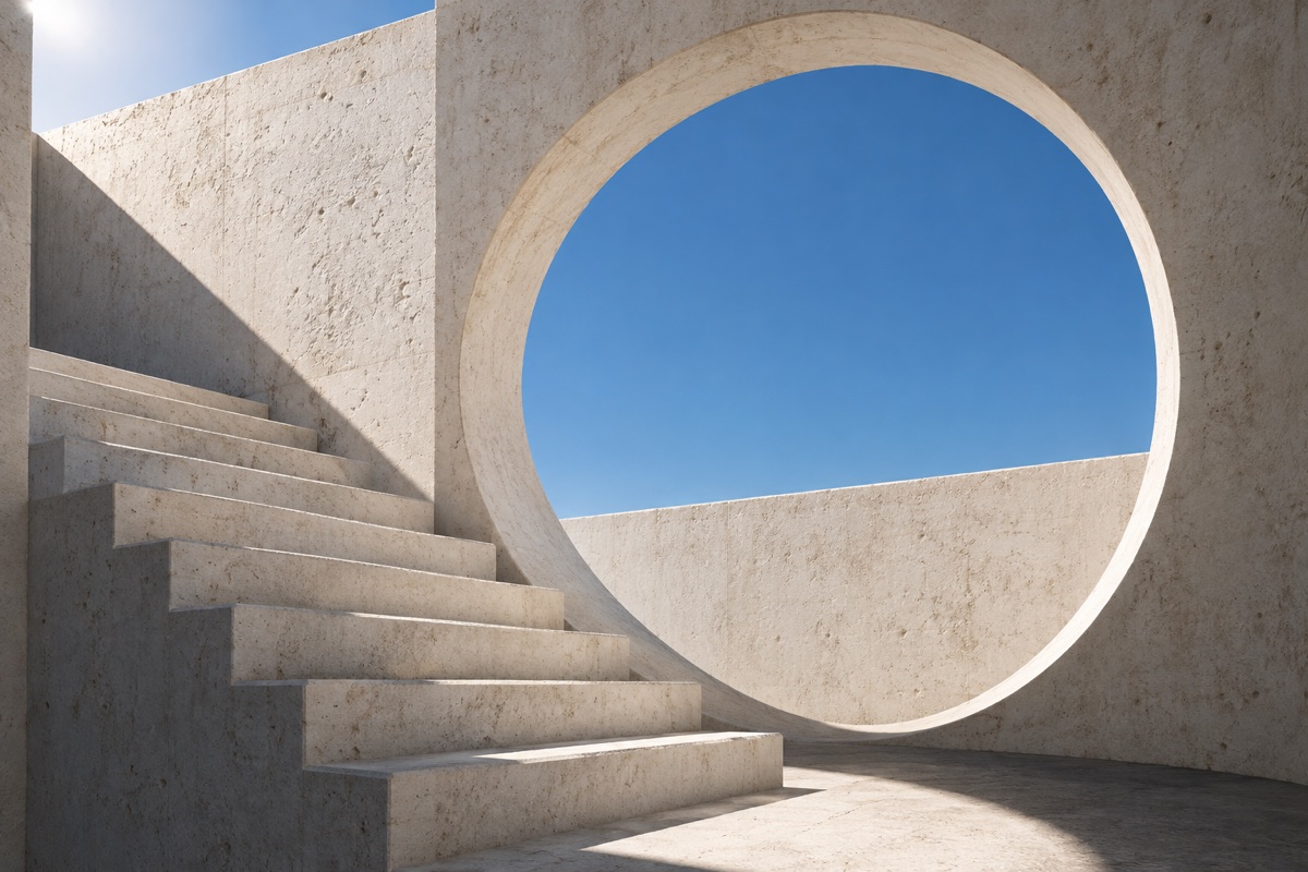 Sculptural modern white concrete architecture beneath a blue sky