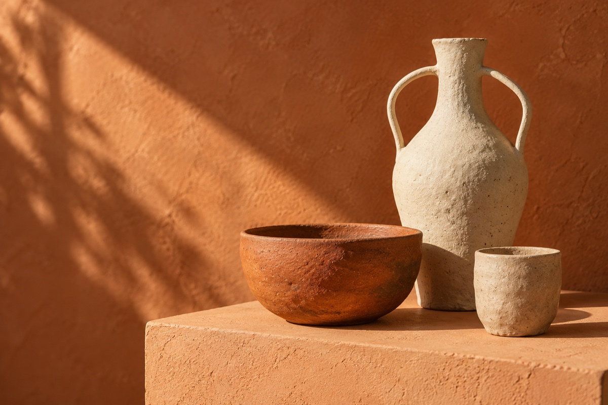 Handmade ceramic vessels on a sunlit terracotta pedestal
