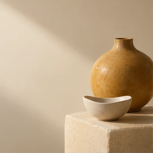 Ochre handmade vase and cream bowl in warm sunlight