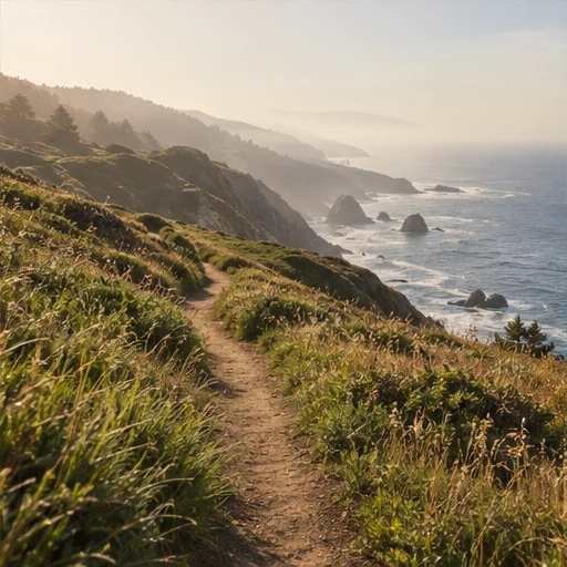A sunlit hiking trail above a quiet coastline