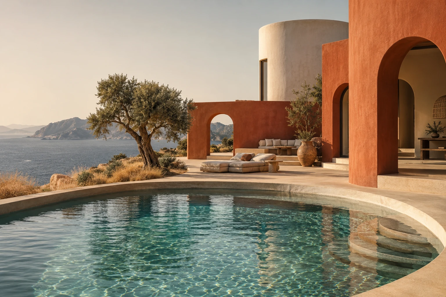Terracotta coastal retreat with a turquoise pool, an olive tree, and warm afternoon sunlight