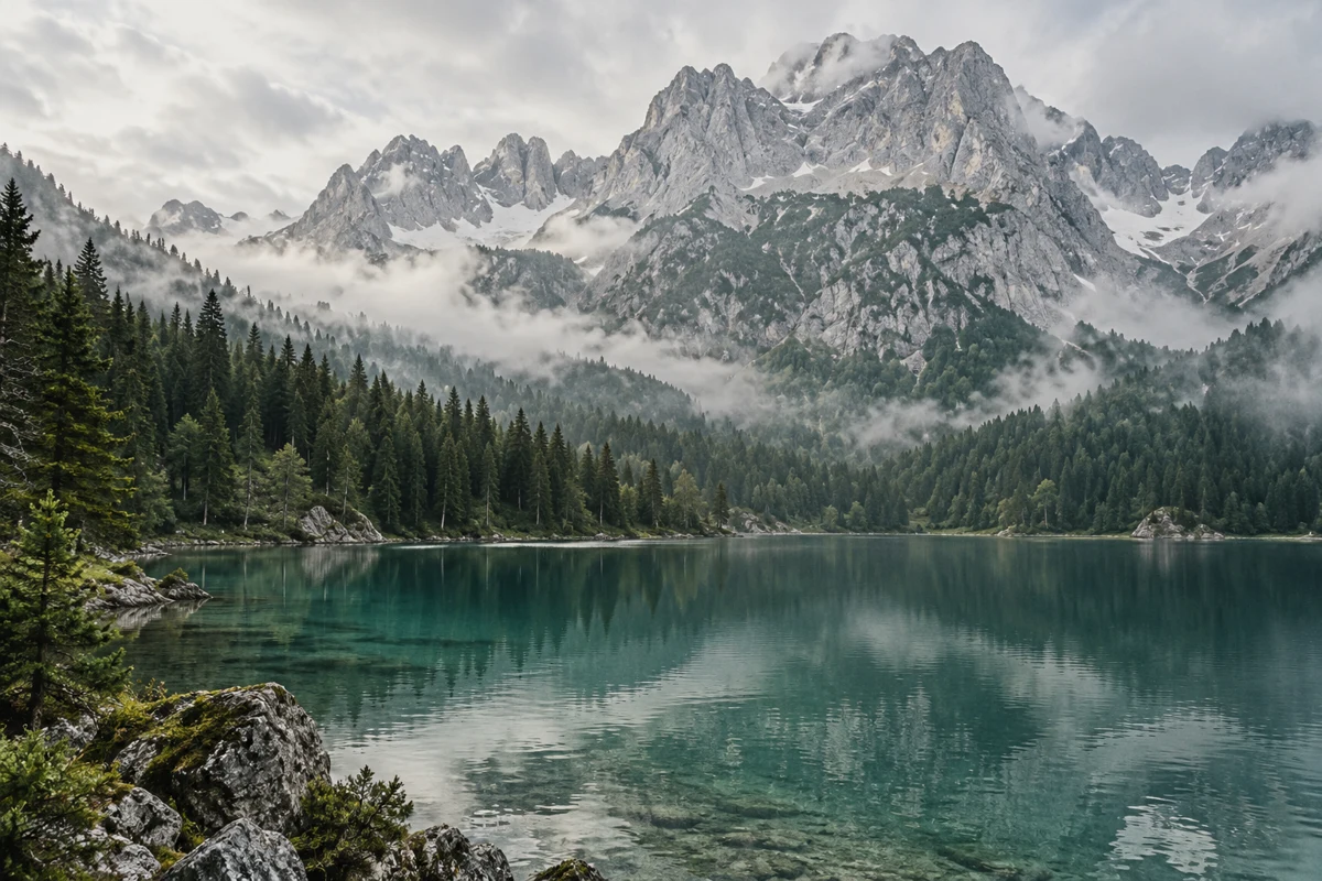 An alpine lake surrounded by forest and mountains, used in an Offgrid travel website