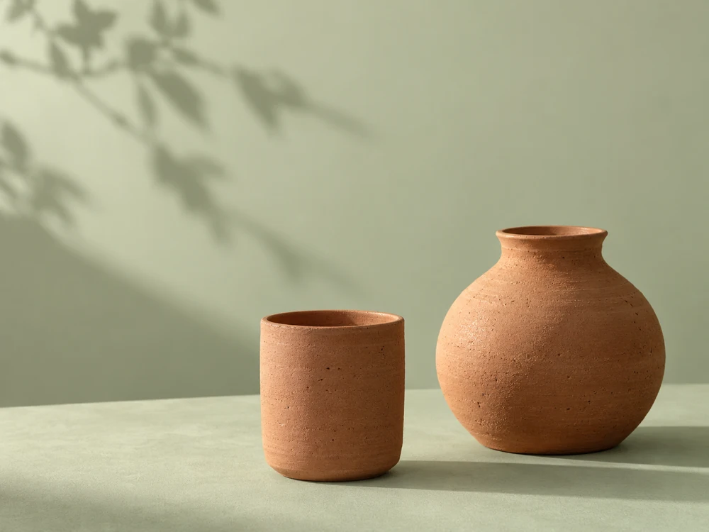 Handmade terracotta vessels on a sage-green studio table.