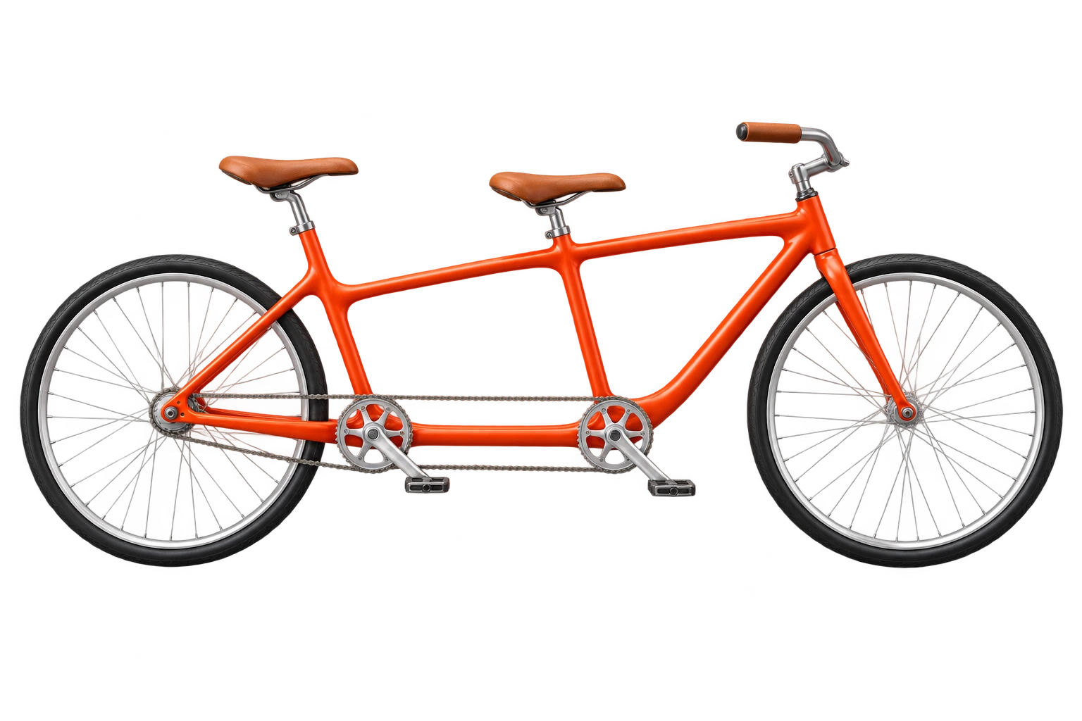 An orange tandem bicycle: two seats, one shared direction.