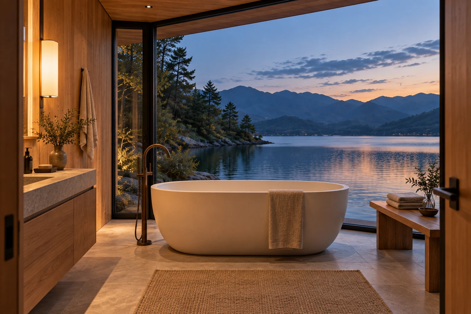 临湖浴室，浴缸前是蓝调湖景