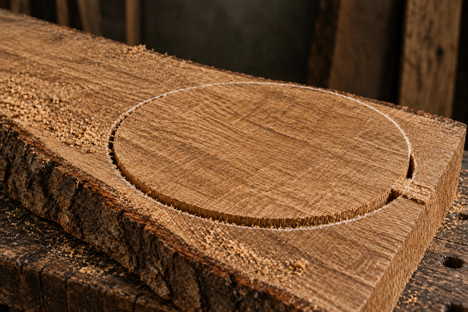 A circular seat blank being cut from one rough-sawn 48 millimetre oak board