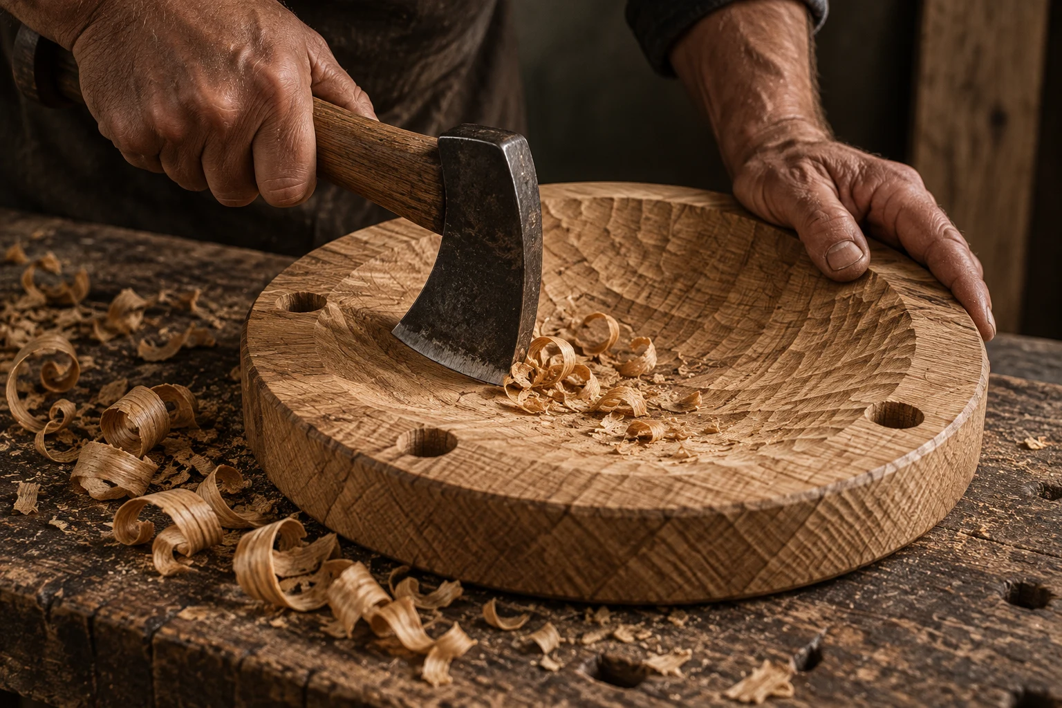 An adze shaping the shallow hollow in a single thick oak seat